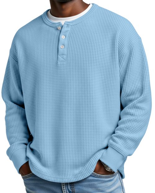 Men's Everyday Loose Simple Waffle Button Long Sleeve Henley Shirt