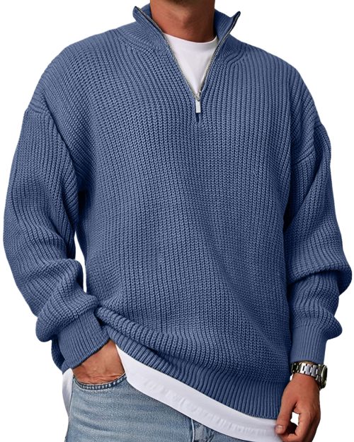 Men's Casual Fashion Loose Stand Collar Zipper Solid Color Sweater