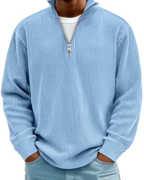 Men's Simple Casual Ribbed Stand Collar Zipper Long Sleeve T-shirt