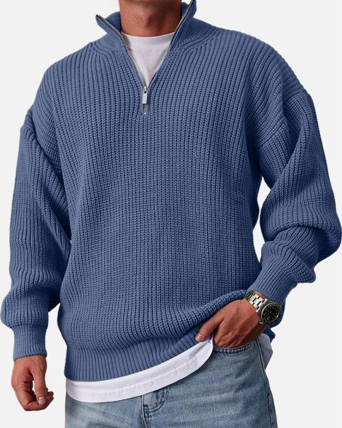 Men's Casual Fashion Loose Zipper Stand Collar Solid Color Sweater