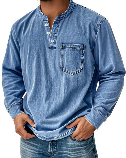 Men's Retro Stand Collar Pocket Casual Distressed Long Sleeve Henley Shirt