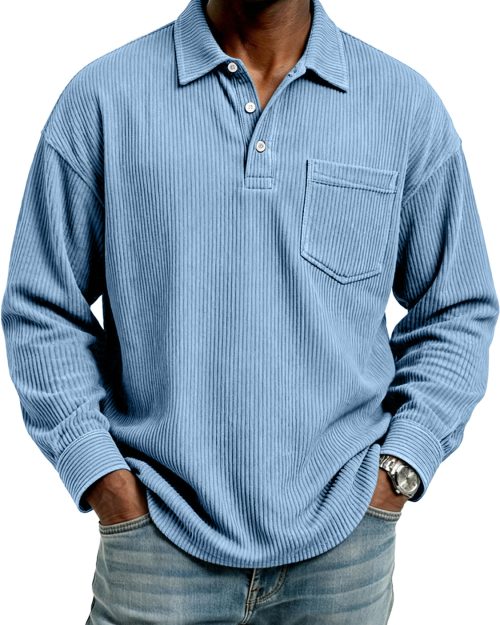 Men's Retro Corduroy Lapel Button Casual Pocket Long-Sleeve Polo Shirt