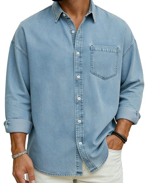 Men's Basic Solid Color Retro Lapel Button-down Long-sleeved Shirt