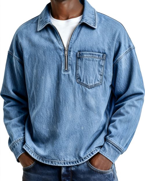 Men's Retro Lapel Zipper Casual Pocket Long-Sleeve Polo Shirt