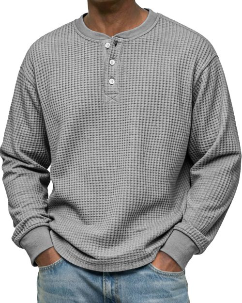 Men's Simple Waffle Casual Long-Sleeved Henley Shirt