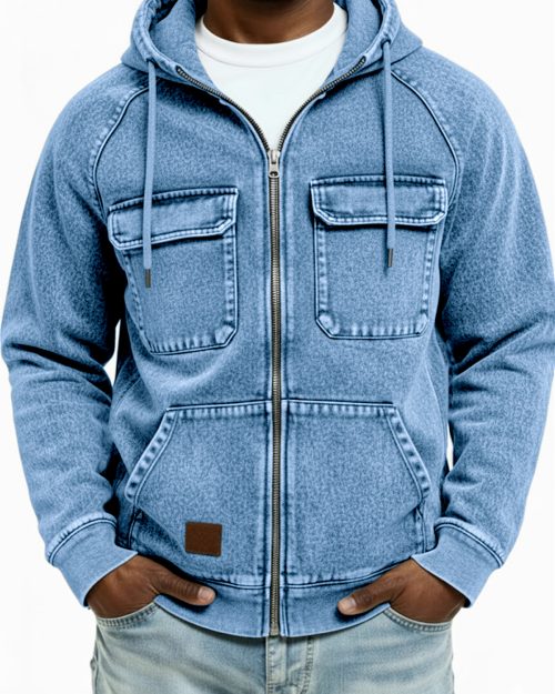 Men's Vintage Distressed Multi-pocket Full Zip-up Hooded Cardigan Jacket