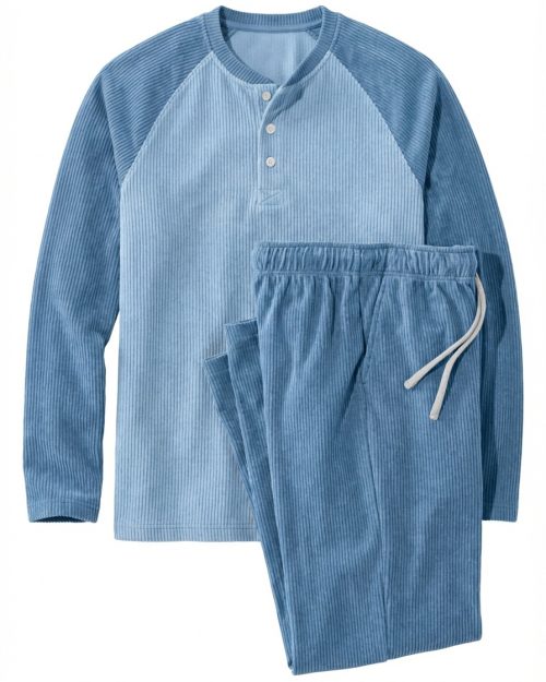 Men's Casual Corduroy Raglan Sleeve Henley Shirt And Pants Set OOTD