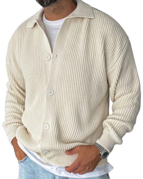 Versatile Men's Lapel Solid Color Loose Long-sleeved Knitted Cardigan Sweater Jacket