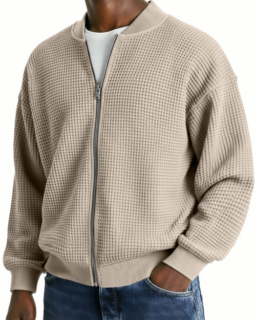 Men's Waffle Knit Casual Loose Zip-up Jacket
