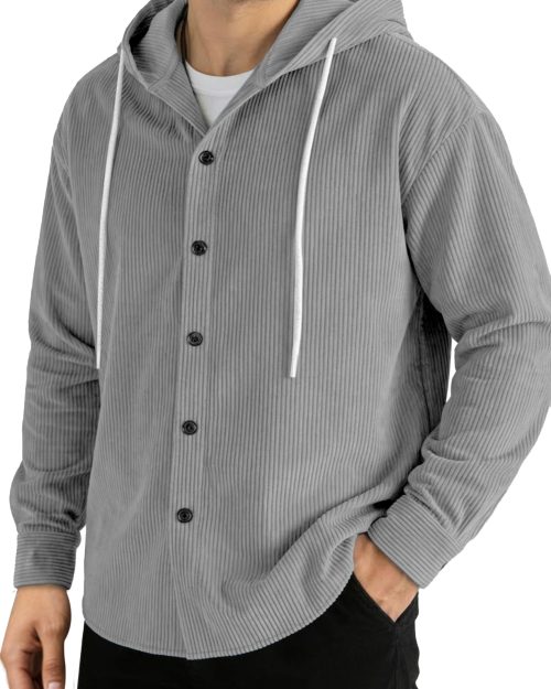 Casual Solid Color Vertical Ribbed Button-Up Hooded Long-Sleeve Shirt