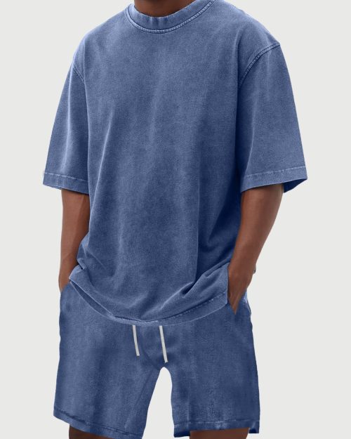 Men's 100% Cotton Vintage Distressed Washed Short Sleeved T-shirt Shorts Set