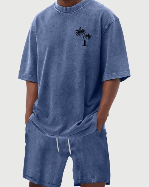 Men's 100% Cotton Vintage Distressed Washed Coconut Tree Print Short Sleeved Shirt Shorts Set