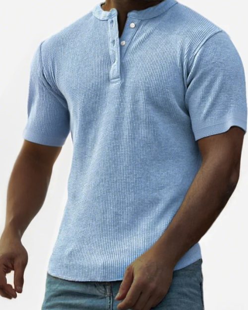 Men's Waffle Fashion Button-Down Henley Short Sleeve Top