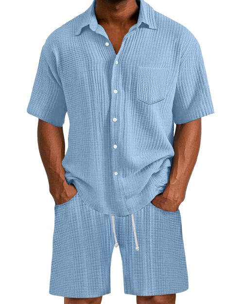 Men's Daily Wrinkled Texture Pocket Shirt Shorts Set