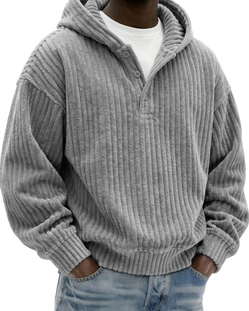 Men's Vintage Corduroy Ribbed Henley Button-down Hoodie Loose-Fit Comfort Pullover