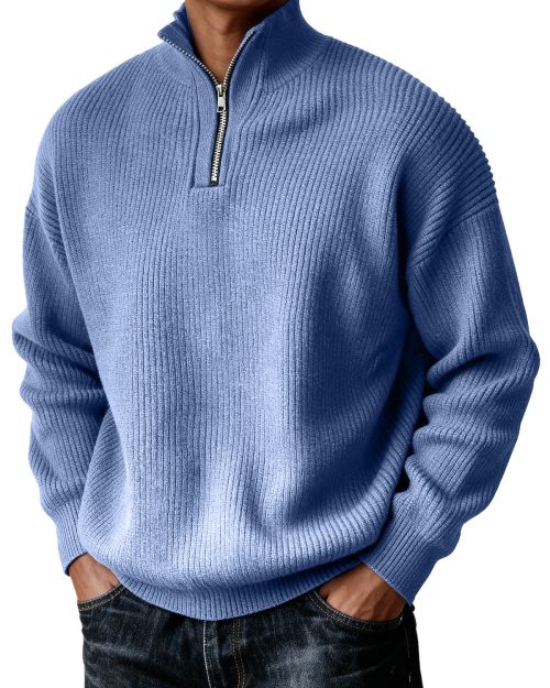 Men's Simple Zipper Turtleneck Casual Knitted Sweater Christmas and New Year Sweater